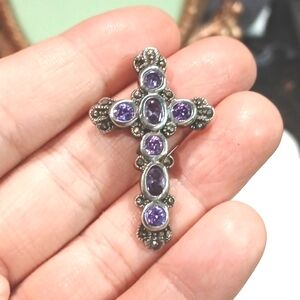 💜 Sterling Silver Amethyst & Marcasite Cross Pendant Vintage Victorian Sparkle
